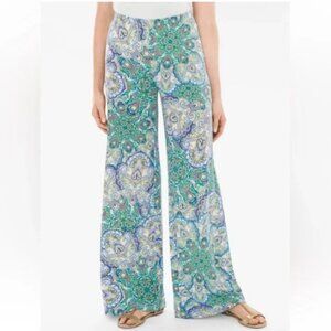 Chico's EUC Size 2 12 Knit Medallion Paisley Palazzo Wid Leg Pants Blue Green